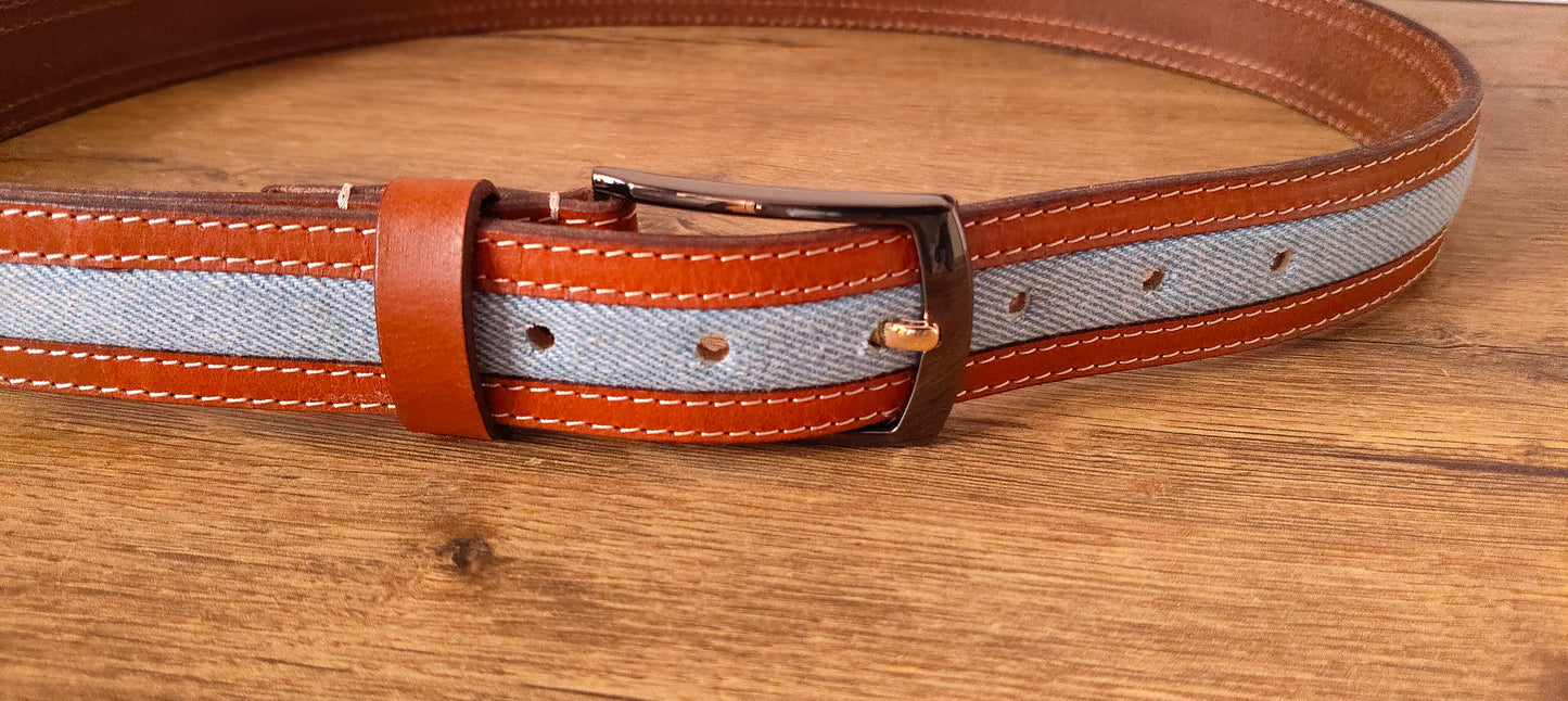 Elegavie Full Grain Leather -Blue Denim Men's Casual Belt